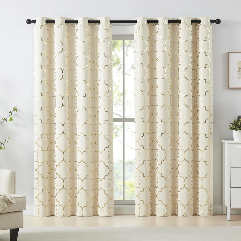 Purainbow Beige Blackout Curtain Panels for Bedroom 84" Gold Foil Moroccan Metallic Print Energy Efficient Drapes for Bedroom Living Room, Thermal Insulated Window Treatments Grommet Top 2 Panels