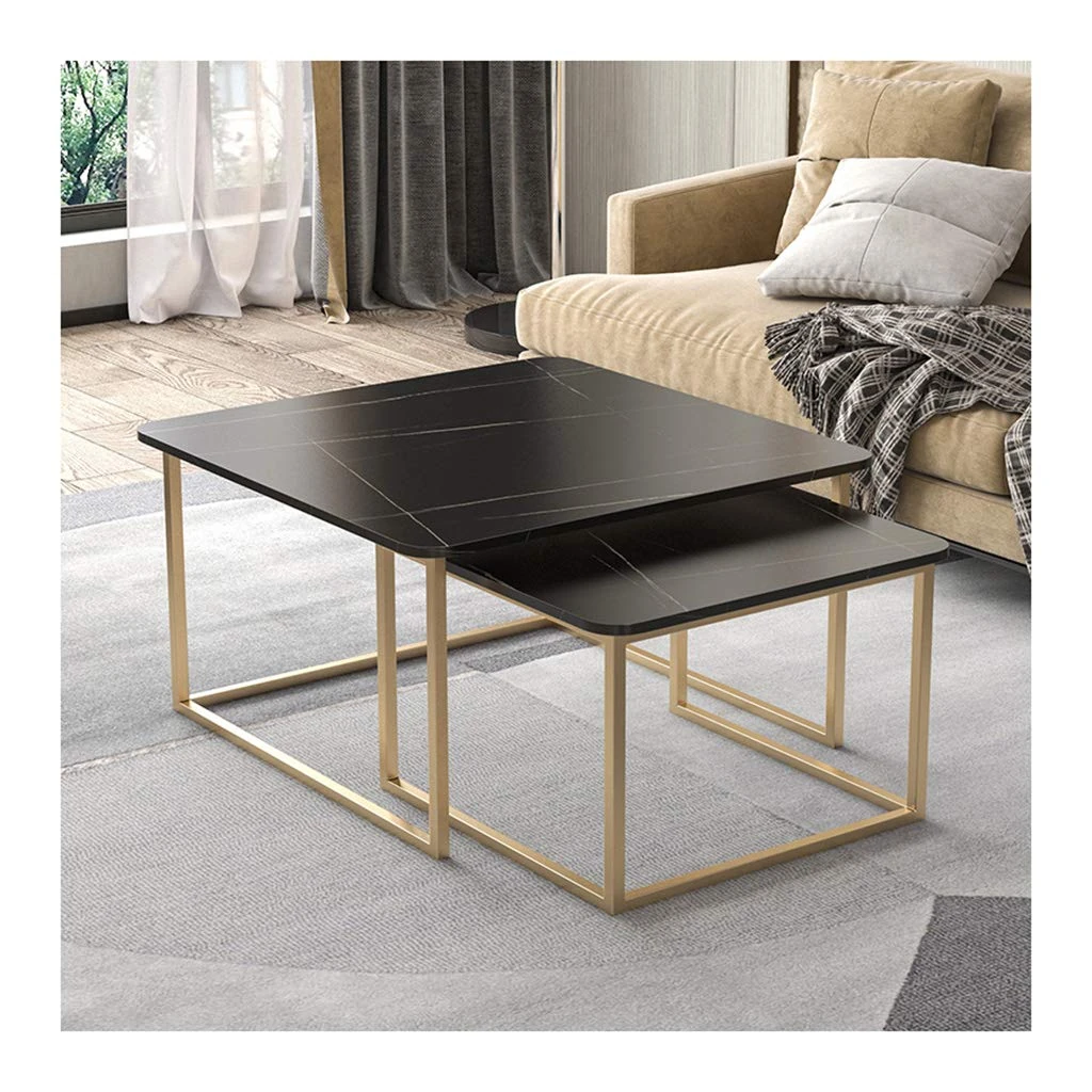 Modern Nesting Coffee Table for Living Room, Sofa Side End Table Set with Marble Texture & Gold Metal Frame (White Sintered Stone)/Black/60 * 40Cm+80 * 45Cm Feito na China Comfortable anniversary