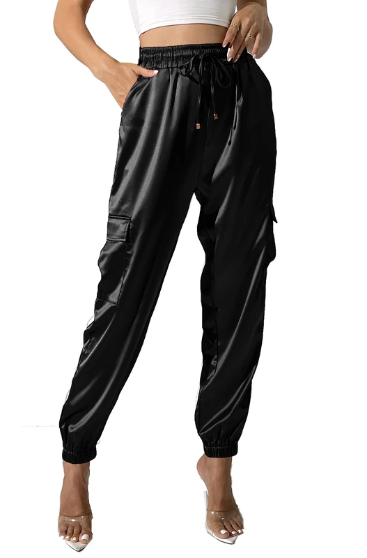 heipeiwa Women's Satin Cargo Joggers Pants Dressy Casual Silky Elastic High Waist Trousers, Black, M - Image 1
