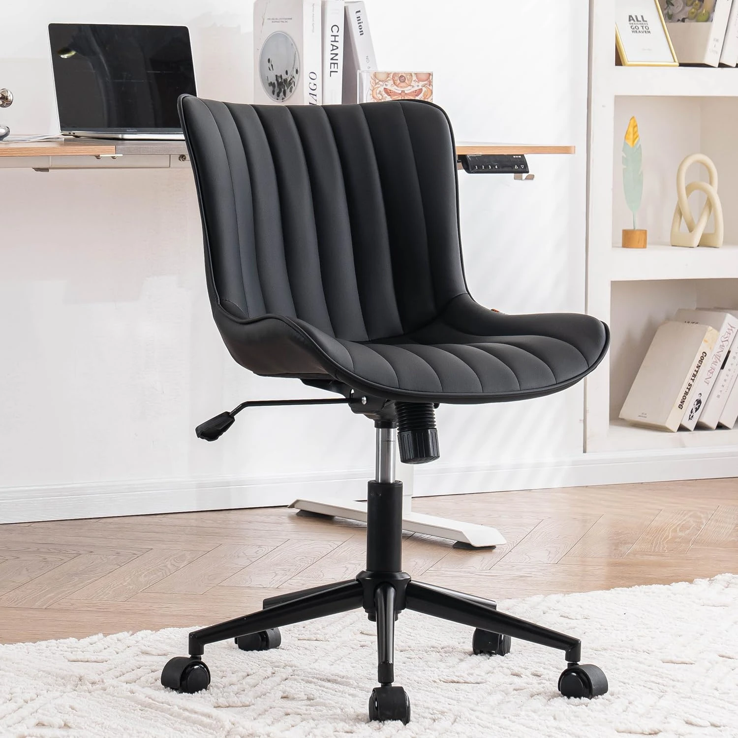 Kidol & Shellder Home Office Chair Swivel Armless Desk Chair Faux Leather Upholstered Office Computer Chair Modern Swivel Rocking Desk Chairs with Adjustable Tilt Angle, Black