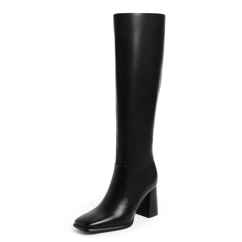 Modatope Knee High Boots Women Chunky Heel Square Toe Tall Boots for Women High Heel Side Zipper Long Boots, A-black, 4 UK
