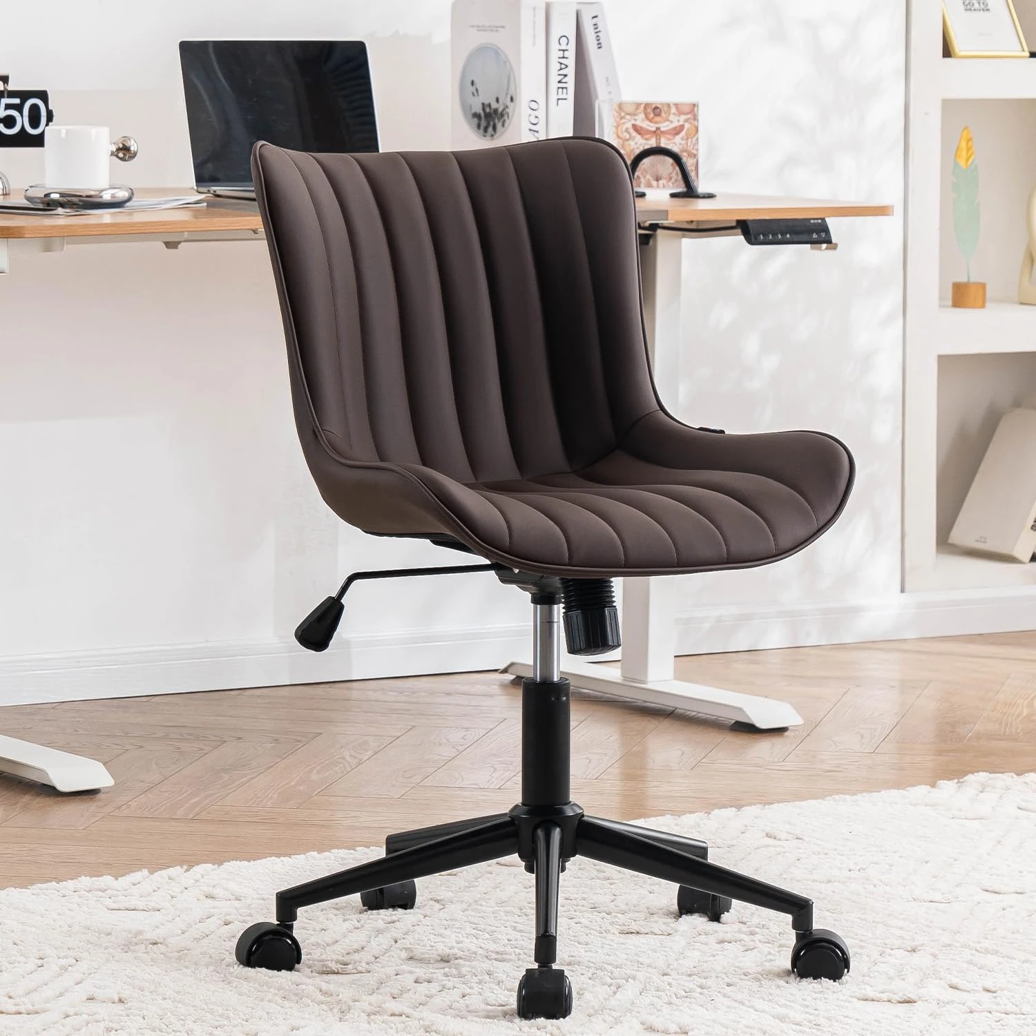 Kidol & Shellder Home Office Chair Swivel Armless Desk Chair Faux Leather Upholstered Office Computer Chair Modern Swivel Rocking Desk Chairs with Adjustable Tilt Angle, Brown