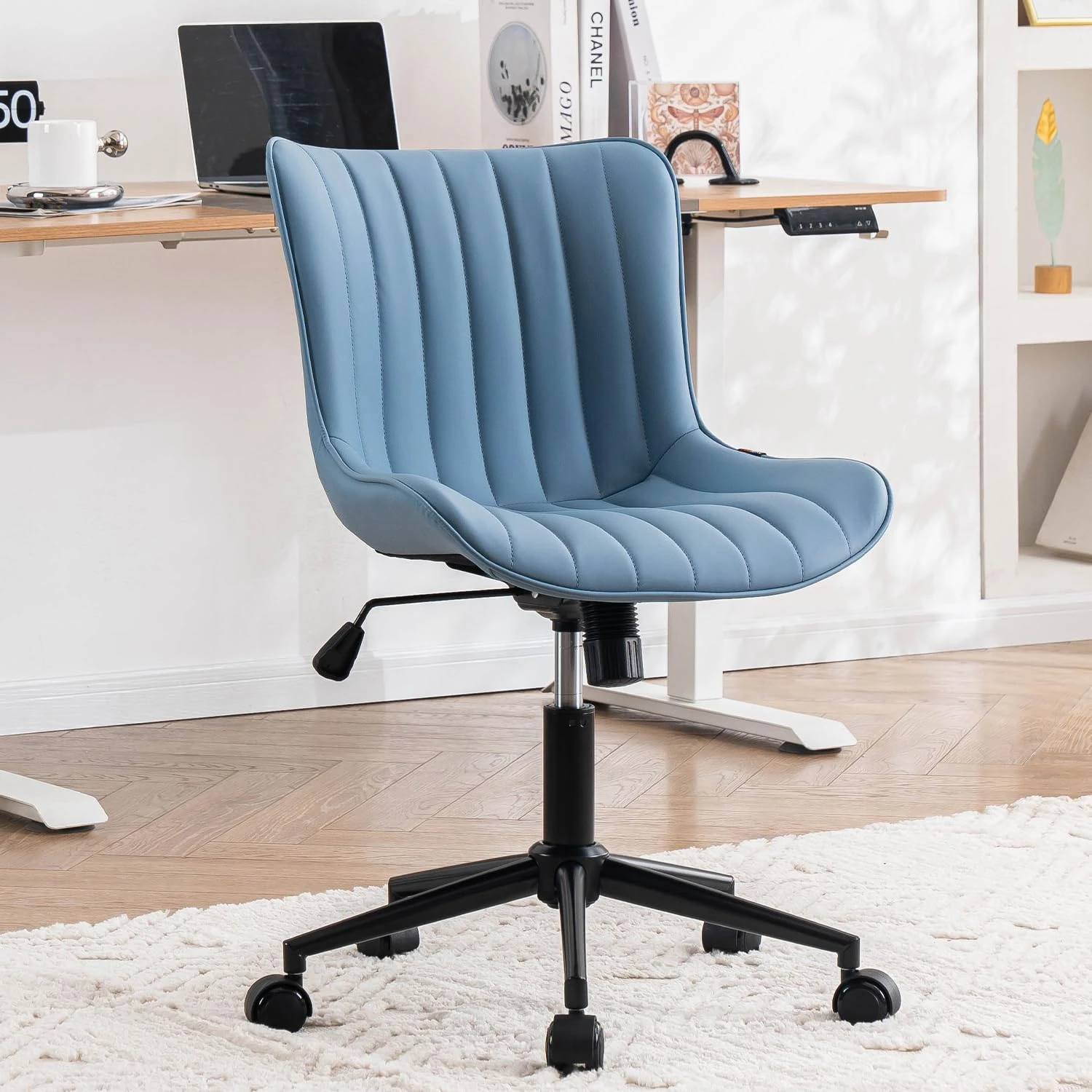 Kidol & Shellder Home Office Chair Swivel Armless Desk Chair Faux Leather Upholstered Office Computer Chair Modern Swivel Rocking Desk Chairs with Adjustable Tilt Angle, Blue