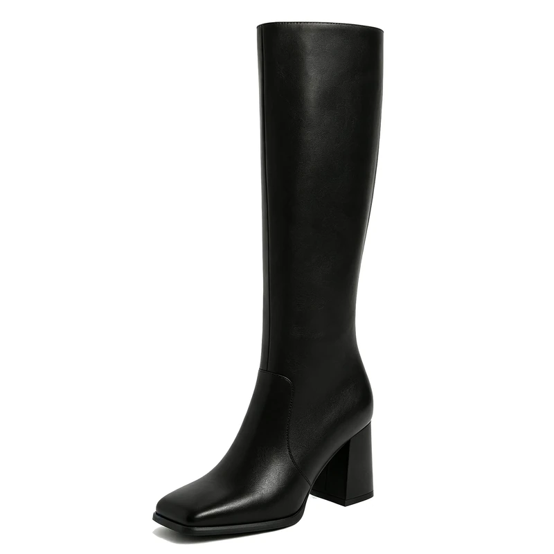 Modatope Knee High Boots Women Chunky Heel Square Toe Tall Boots for Women High Heel Side Zipper Long Boots, A-black, 7 UK