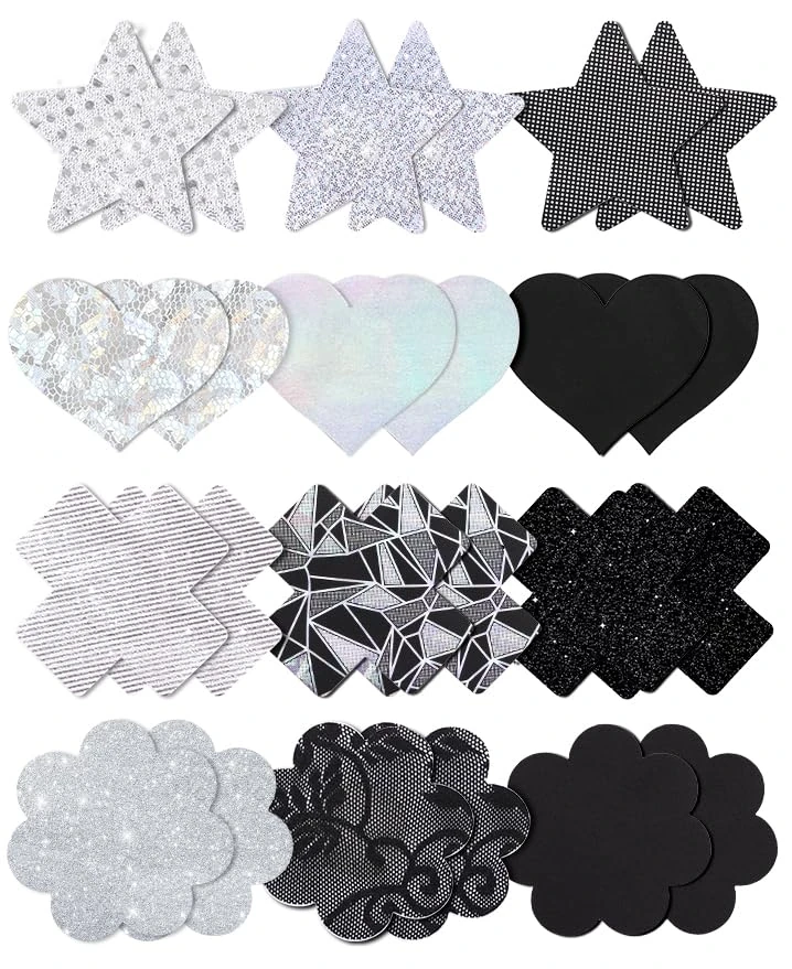 Tripetals 12 Pairs Nipple Pasties for Women Pasties Rave Pack Glitters Nipple Covers Stickers Nipple Patches Disposable Sticky Breast Petals Multi Design (12, 8_Black and Silver)