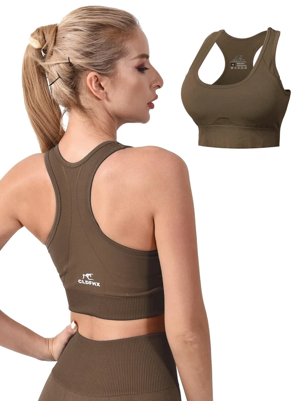 CLDFHX Sports Bras Women Seamless Padded Without Underwire High/Mid Impact Support Racerback Sport Bra for Workout Yoga Gym, Brown, 3XL