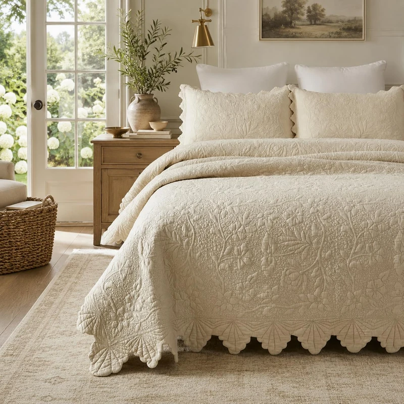 Brandream Full Size Quilt Set Cotton Beige Quilts Farmhouse Matelasse Coverlet Scalloped Soft Cotton Quilt Sets 3-Piece