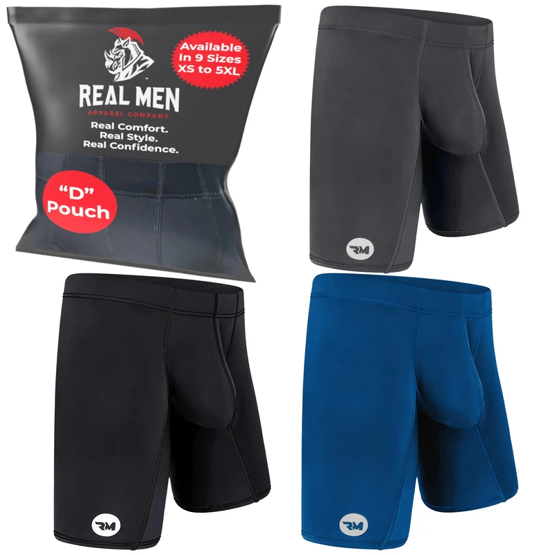 Real Men Bulge Enhancing Underwear for Men – 1 or 4 Pack Set 6-7 Inch - Ice Silk Mens Boxer Briefs with Size D Pouch, Black, Blue, Grey 7 Inch 3 Pack D Pouch, M