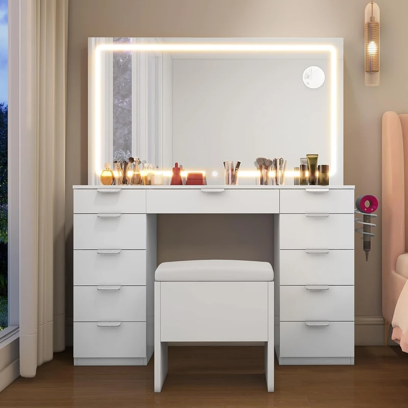 YITAHOME Dressing Table & stool set,Vanity Desk w/ 3-Color LED Lights Mirror,Lights Brightness Adjustable,Transparent Glass Top Vanity Table with 11 Drawers,Power Outlet,Whtie Makeup Desk for Bedroom