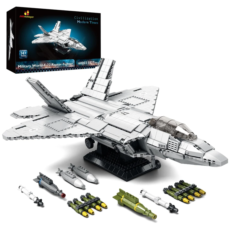 JMBricklayer F22 Raptor Fighter Jet Building Block Set, 60003 Military Fighter Aircraft Toy Army Construction Model, Military Hobby Collection Toys Gifts for Adults Kids 14+ (1837 Pieces)