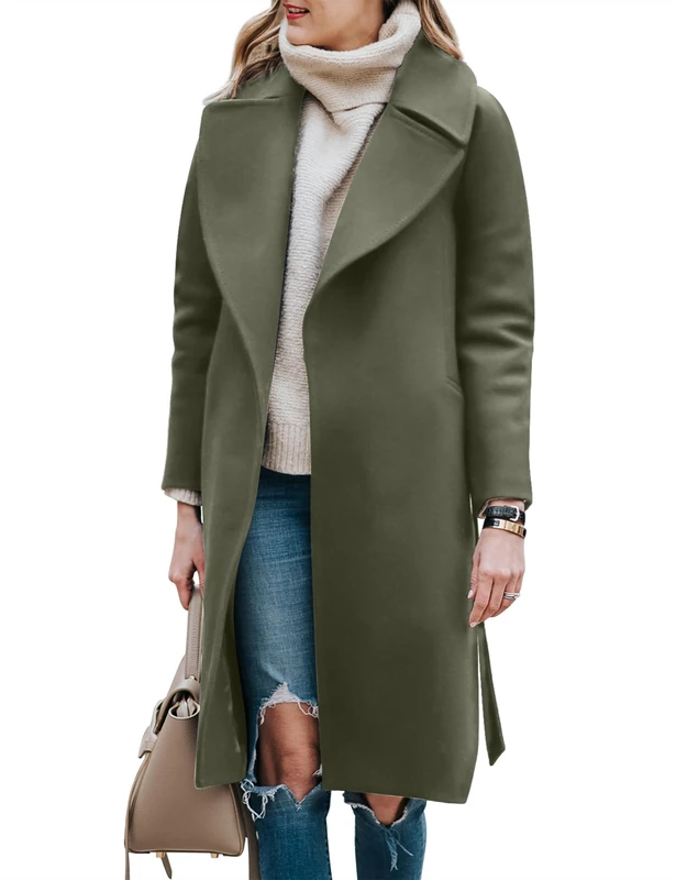 BZB Women's Long Wool Blend Pea Coat Winter Casual Overcoat Notched Lapel Collar Trench Coat Belted Long Jacket Outerwear, Army Green, Small