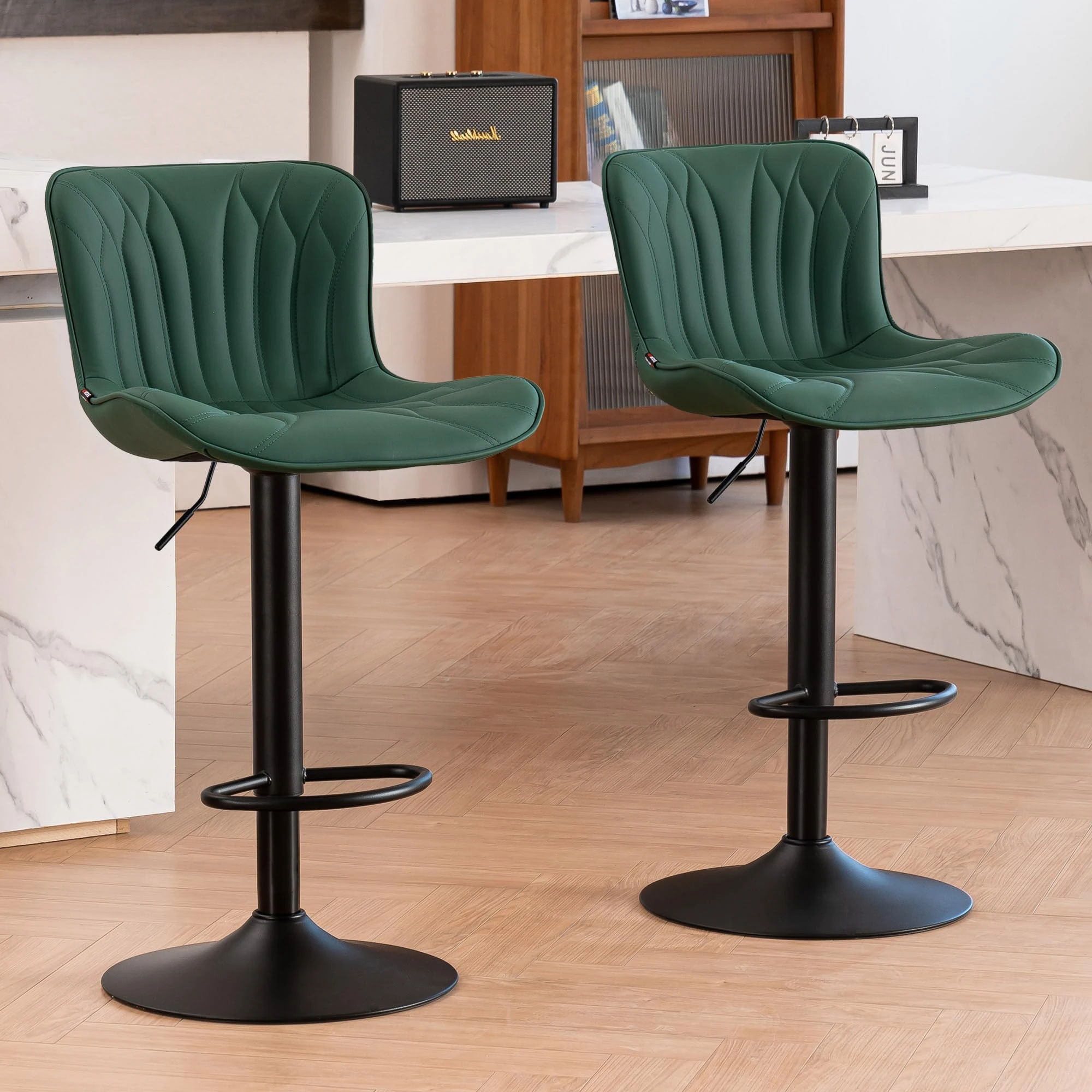 Kidol & Shellder Bar Stools Set of 2 Modern Barstools Adjustable Swivel Faux Leather Wing Back Breakfast Counter Stools, Green, 3-5 Mins to Assemble