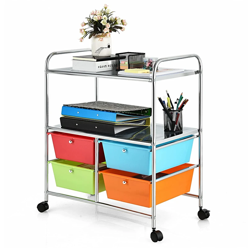 COSTWAY Trolley with 4 Stackable Drawers, Drawer Trolley, Rolling Container with Metal Frame and Shelves, Bathroom Trolley Storage Trolley for Office, Living Room