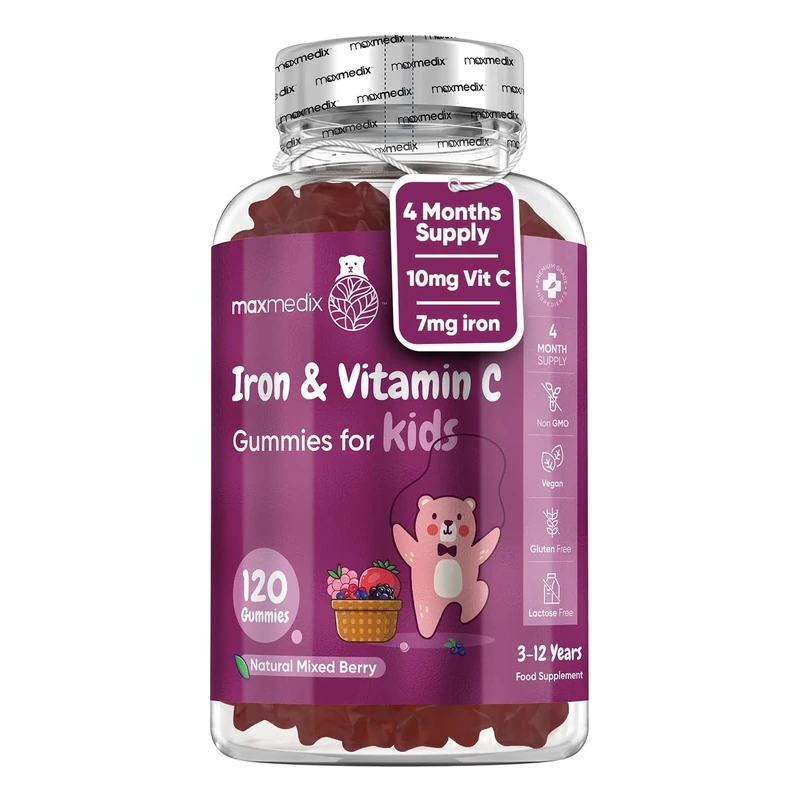 Iron Gummies for Kids - 4 Months Supply - 120 Gummies - with Vitamin C - Natural Mixed Berry Flavour - Bioavailable Forms - Lactose-Free & Vegan Iron Supplements for Kids - No Metallic Aftertaste