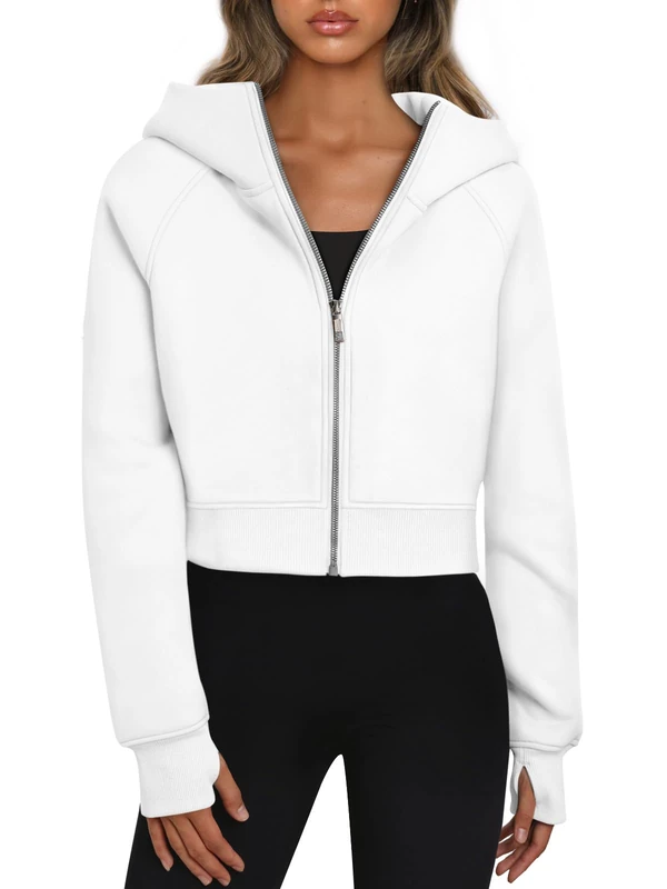 Trendy Queen Womens Zip Up Hoodies Cropped Sweatshirts Fall Outfits Casual Hooded Pullover Sweaters Tops Winter Clothes 2023, White, Large