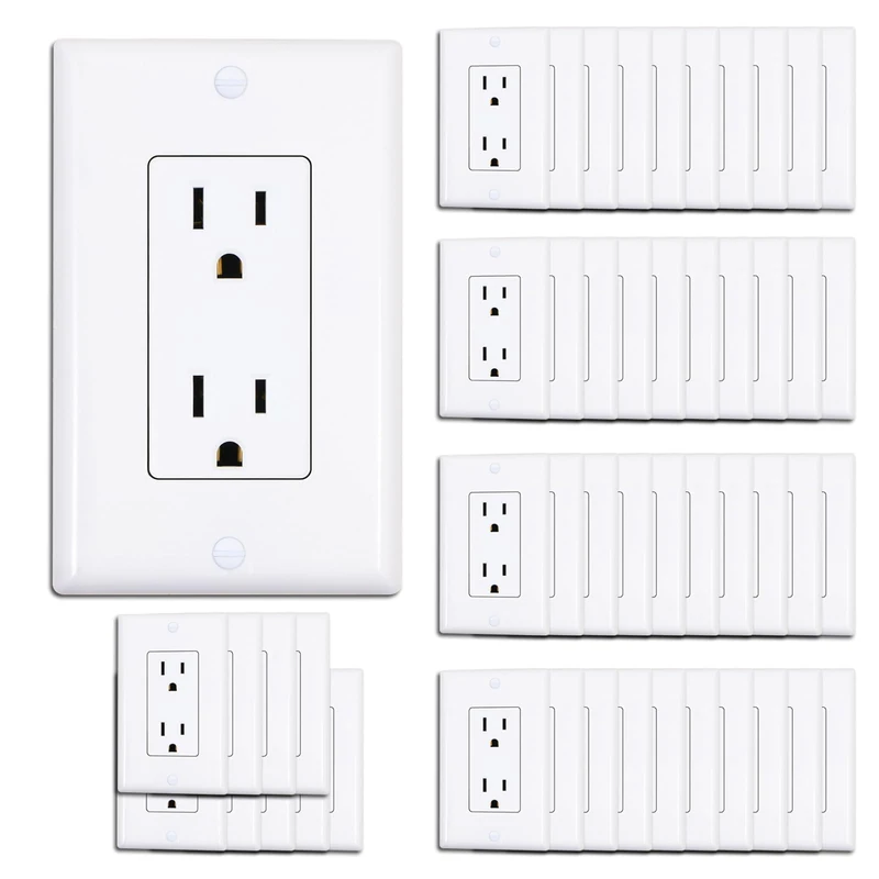 ThunderWay Decorator Receptacle Outlet with Wall Plate, Non-Tamper-Resistant Electrical Outlet, 15Amp/125V, Self-Grounding, UL Listed, White (50 Pack)