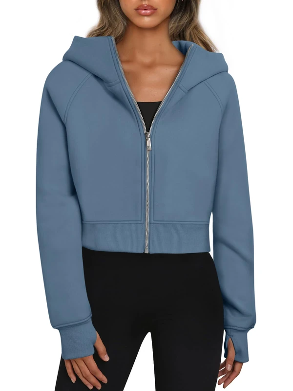 Trendy Queen Womens Zip Up Hoodies Cropped Sweatshirts Fall Outfits Casual Hooded Pullover Sweaters Tops Winter Clothes 2024, Blue, Medium