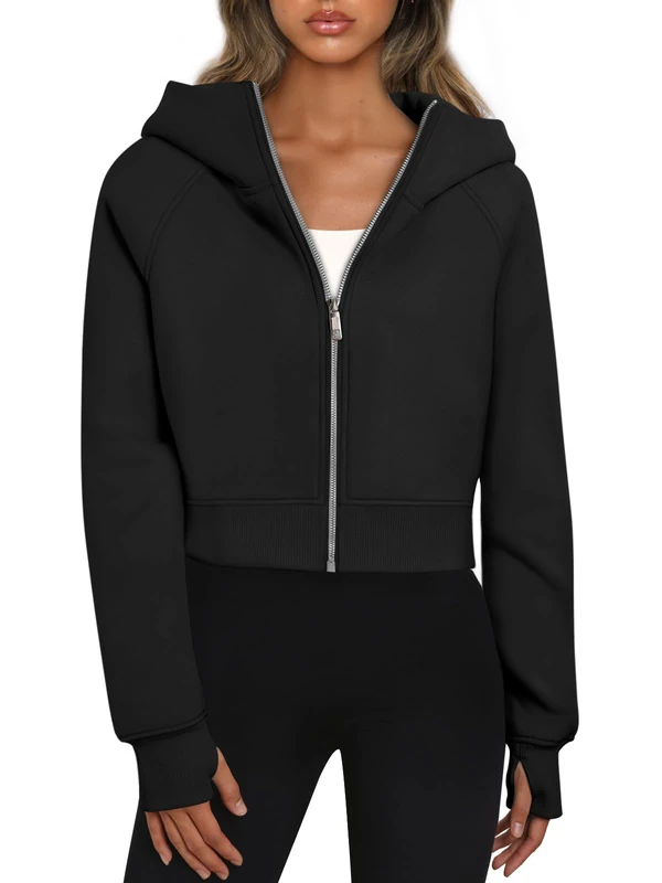 Trendy Queen Womens Zip Up Hoodies Cropped Sweatshirts Fall Outfits Casual Hooded Pullover Sweaters Tops Winter Clothes 2023, Black, Large