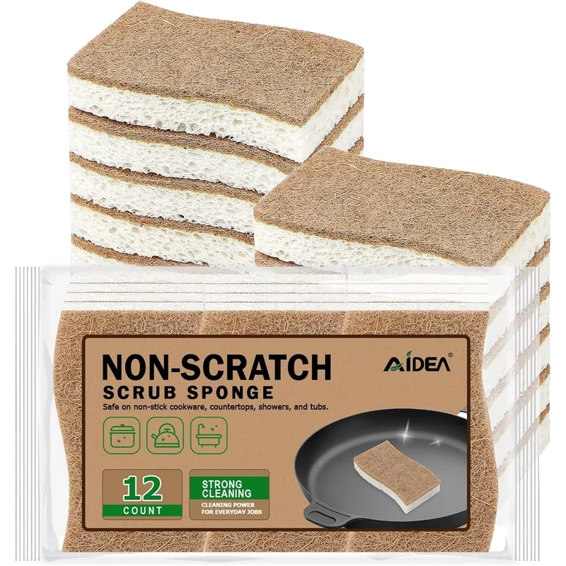 AIDEA Non-Scratch Scrub Sponge-12Count, Natural Sponges for Non-Stick Cookware, Kitchen Sponges, Cellulose Sponges for Dishes, Cleaning Sponge for Kitchen, Bathroom, Household