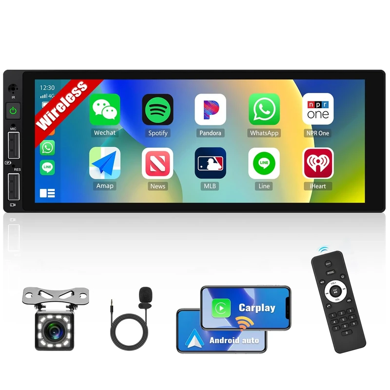 CAMECHO Single Din Car Stereo with Wireless Apple Carplay Android Auto 6.9 Inch Touch Screen Car Radio with Bluetooth 5.0 FM Radio Head Unit Support Mirror Link USB + Remote Control + Reverse Camera