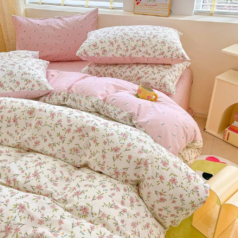 Vintage Pink Floral Duvet Cover Set - Queen Size Cotton Garden Botanical Comforter with 2 Pillowcases - White Floral Zipper Ties