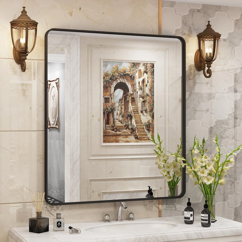 CHAMROR 32x36 Inch Black Metal Framed Bathrrom Mirror for Wall, Black Rounded Rectangle Mirror, Matte Black Bathroom Vanity Mirror, Anti-Rust, Tempered Glass, Hangs Horizontally or Vertically