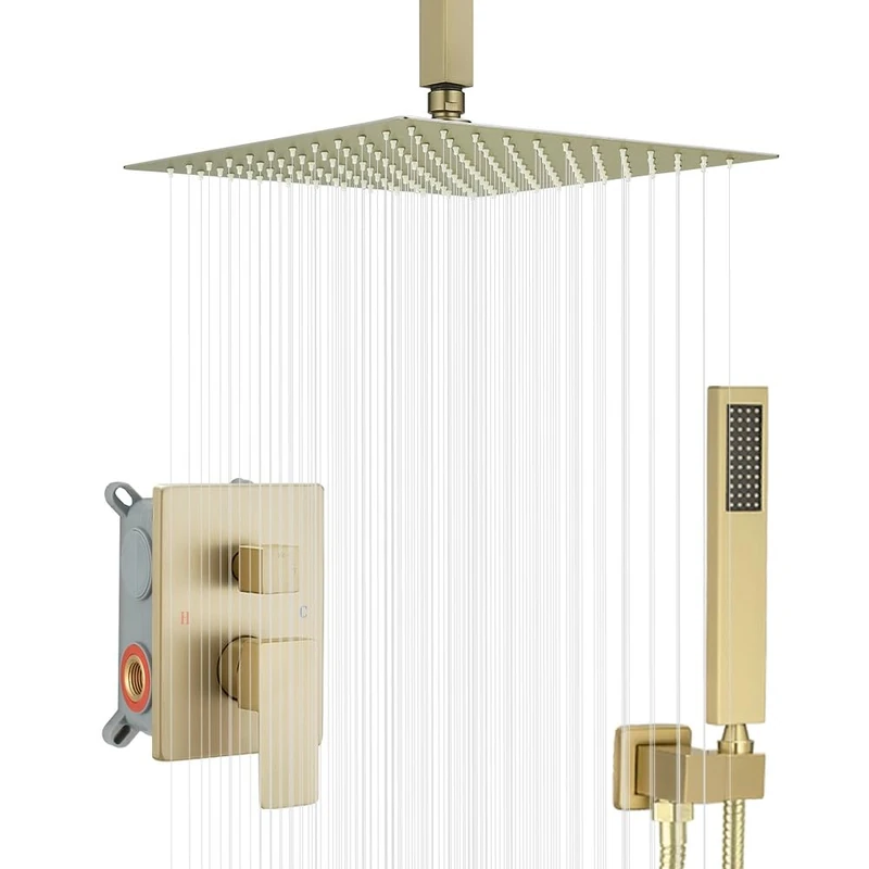 JingGang 12" Ceiling Mount Brushed Gold Shower System Bathroom Luxury Rain Mixer Shower Combination Kit Ceiling Rain Shower Head System (Includes Shower Faucet, Rough Valve Body