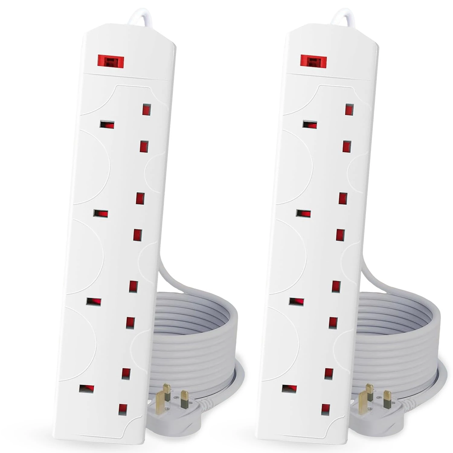 Roe Tenpo 4 Gang 2 Metre Extension Lead UK Pin Plug And Cable, 250v Power Adapter Multi Plug Extension Socket Strip For Home And Office, Wall Mountable Extension Cable (White - 2 Pack)