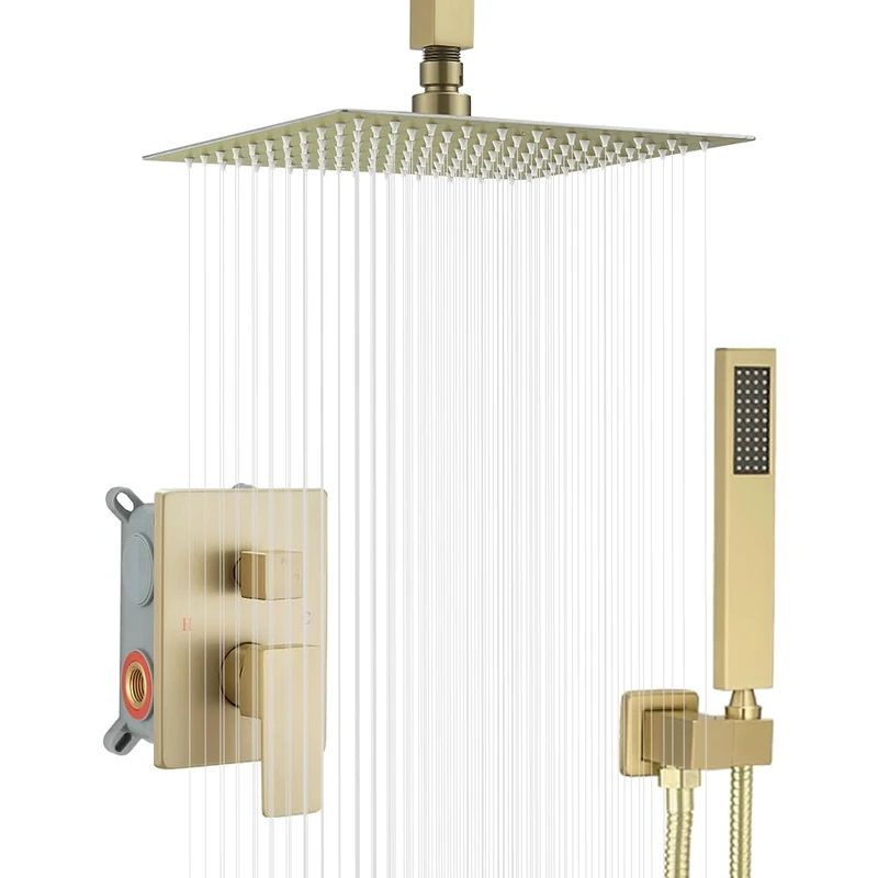 JingGang 10 Inch Ceiling Mounted Shower System Rain Mixer Shower Combo Set Rainfall Shower Head System Brushed Gold Shower Faucet Rough Valve Body and Trim Included