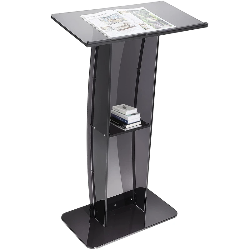 VEVOR Acrylic Podium, 47" Tall, Acrylic Podium Stand with Wide Reading Surface & Storage Shelf, Floor-standing Clear Pulpits Acrylic for Church Office School, Black - Image 1