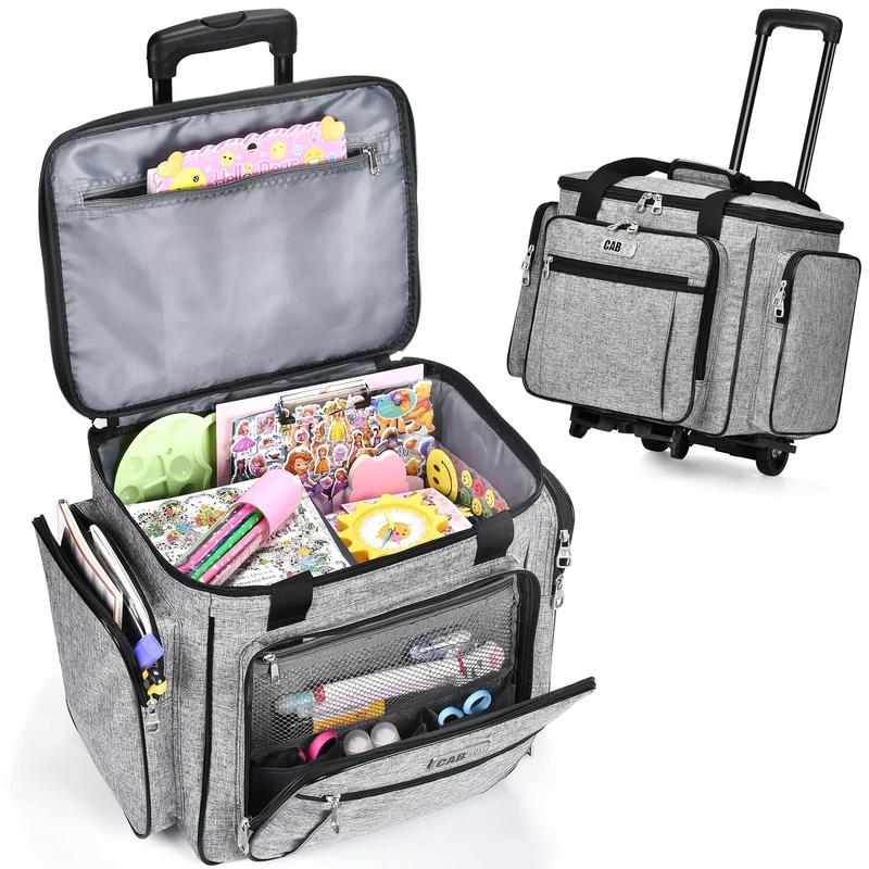 CAB55 Rolling Craft Bag, Rolling Tote Bag with Wheels for Women, Rolling Teacher Bag with Removable Folding Hand Trucks-Grey, Gray
