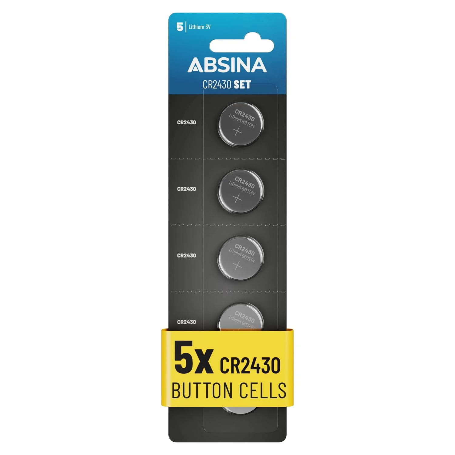 ABSINA 5x CR 2430 Lithium 3V battery for car key, scales and more - CR2430 battery leak-proof & long-lasting - CR 2430 battery, CR2430 3V lithium battery, batteries cr2430, battery 2430 coin battery