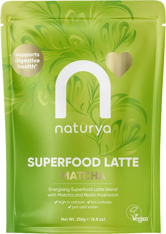 Naturya Energizing Matcha Superfood Latte Blend 250g - Creamy Vegan & Gluten-Free Matcha Green Tea with Coconut Milk, Reishi Mushroom, Live Bio Cultures & Seaweed (250g)