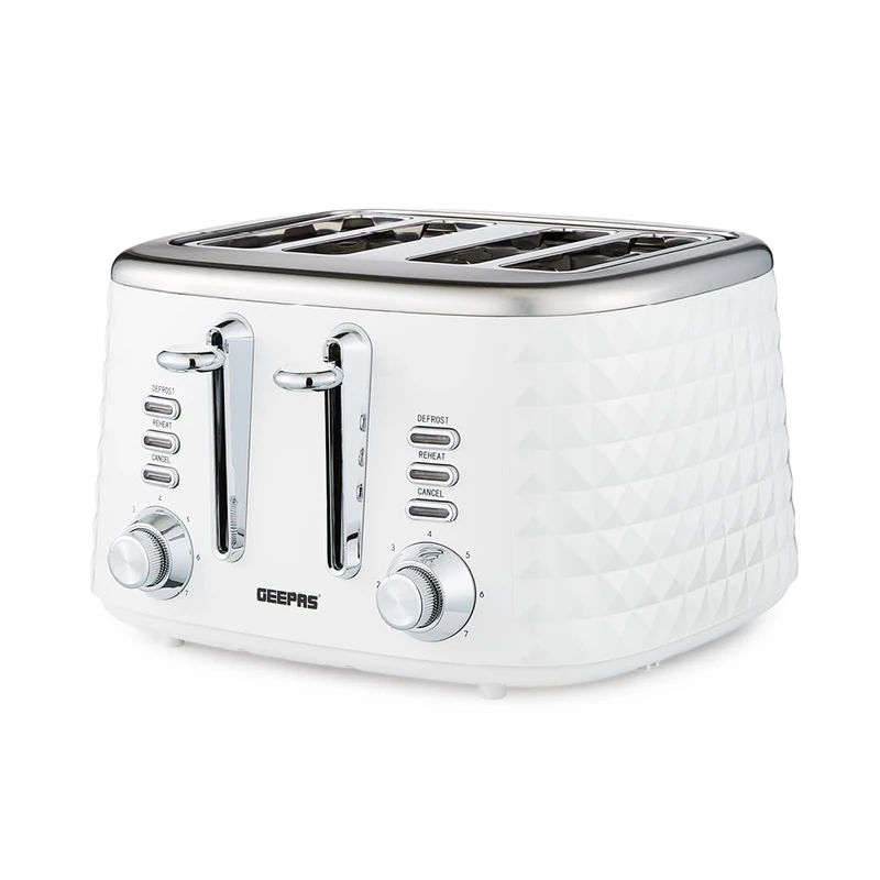 GEEPAS 4 Slice Toaster | 7 Browning Levels with Cancel Defrost Reheat | For Thin Small Bread Slice | 2 Independent Controls 2 Removable Crumb Trays High Lift | 2 Yr Warranty 1750W White Argyle