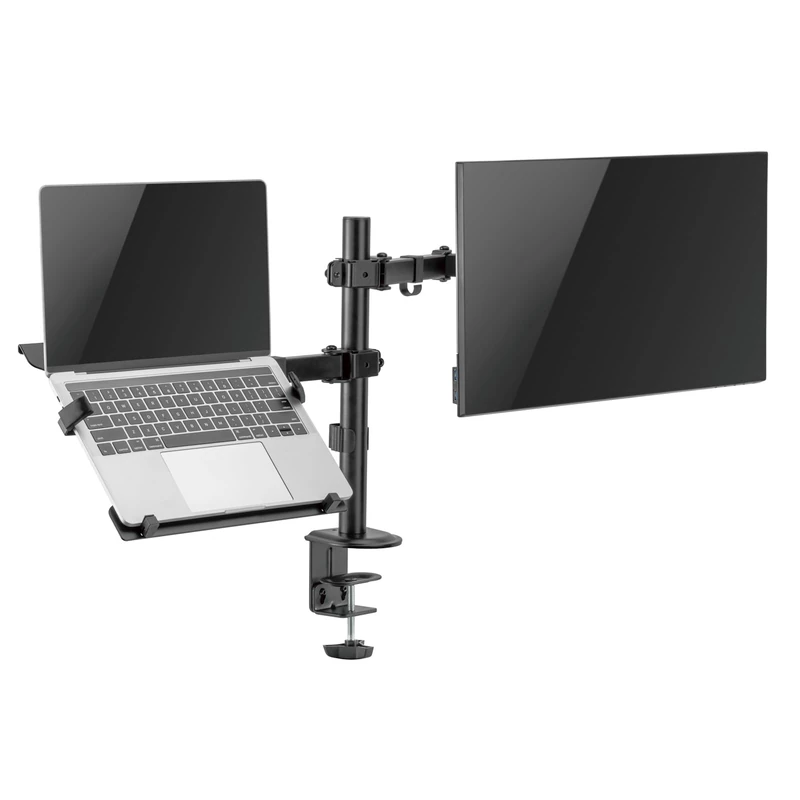 Ewent Monitor Arm Support with Laptop Tray for 13 to 32 Inch LCD LED Screens & 15.6 Inch Notebook, Tilt Rotation Swivel Ergonomic Table Stand with Clamp, Monitor and Laptop Stand,VESA 75x75-100x100 mm - Image 1