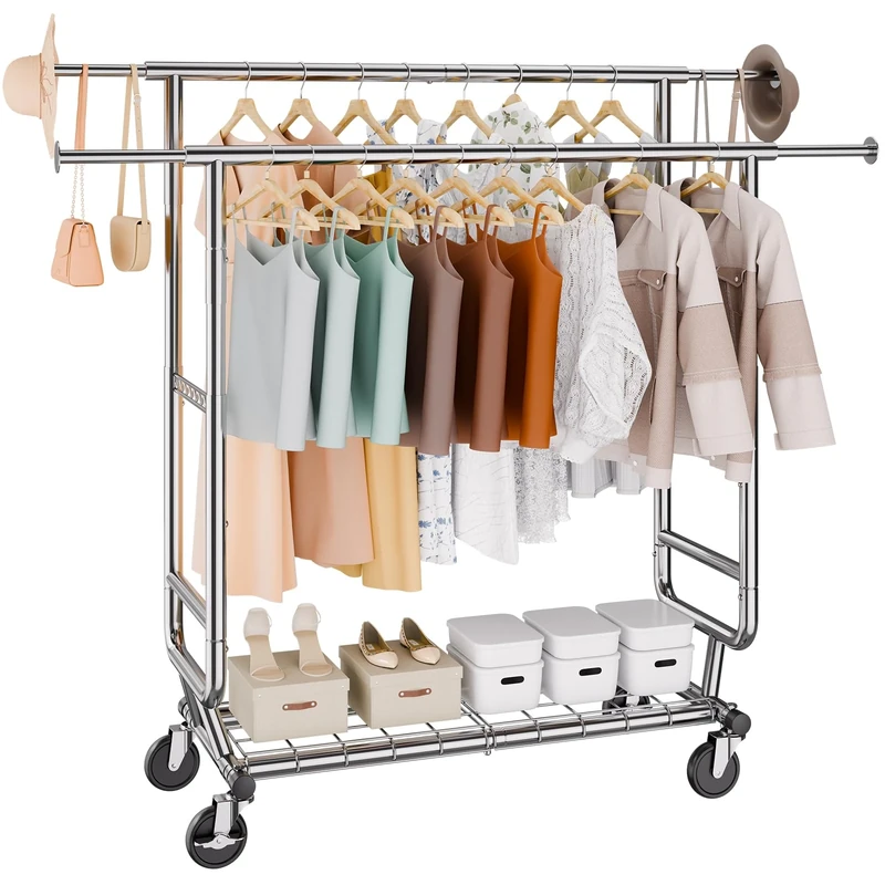 VEVOR Heavy Duty Clothes Rack, Double Hanging Rod Clothing Garment Rack for Hanging Clothes, Adjustable Height and Extendable Length Clothing Rack with Bottom Storage Area, 600 lbs Load Capacity