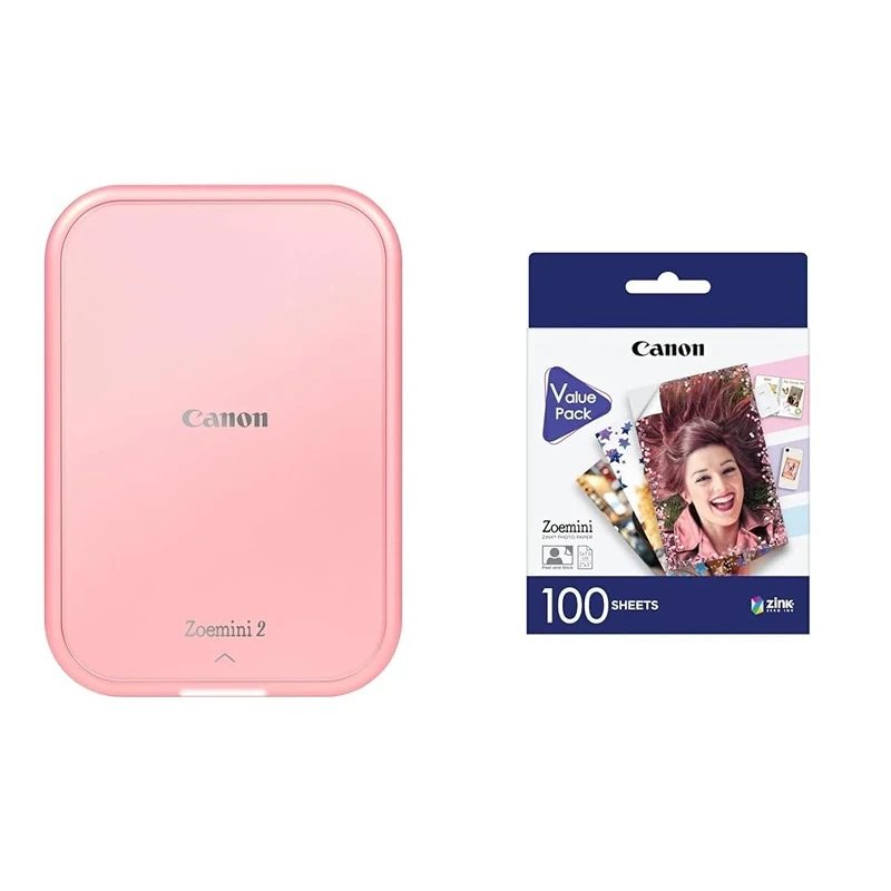 Canon Zoemini 2 Portable Photo Printer (Rose Gold), Bundle with 100 sticky-backed photo paper sheets (2" x 3") - Economical Zero-ink printing Technology, Wireless Bluetooth App (smartphone)