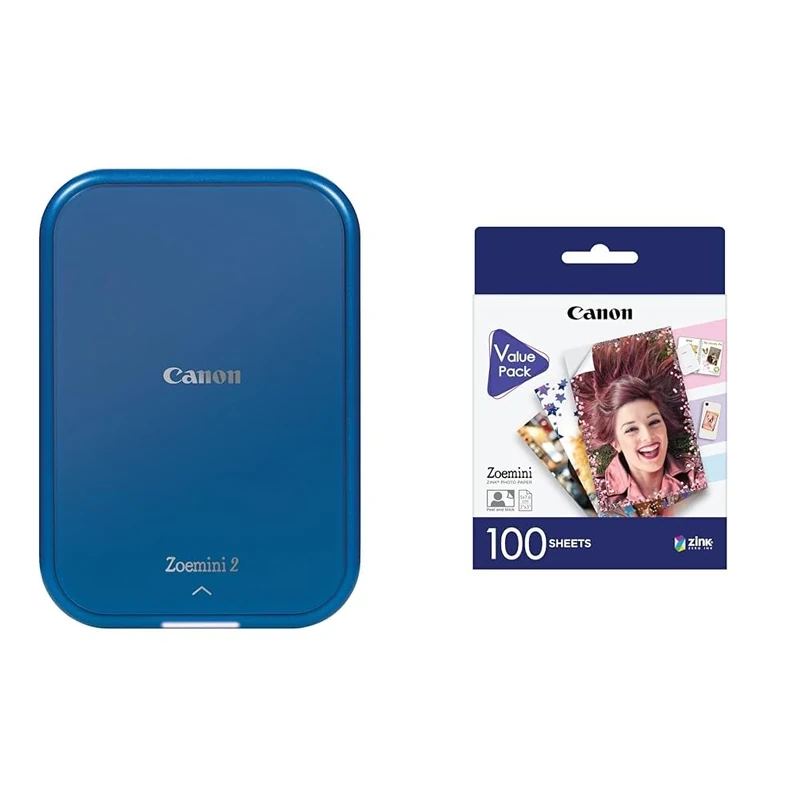 Canon Zoemini 2 Portable Photo printer (Navy Blue), Bundle with 100 sticky-backed photo paper sheets (2" x 3") - Economical Zero-ink printing Technology, Wireless Bluetooth App connection for iOS & Android (smartphone)