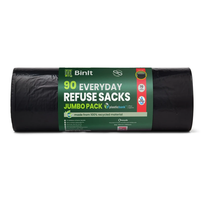 BIN IT 90 Jumbo Pack Everyday 70L Eco-Friendly, Strong & Secure, Refuse Sacks, Bin Bags, Bin Liners, Recycled, Tear Resistant, 30 μm, Perfect for Everyday Household & Commercial Use