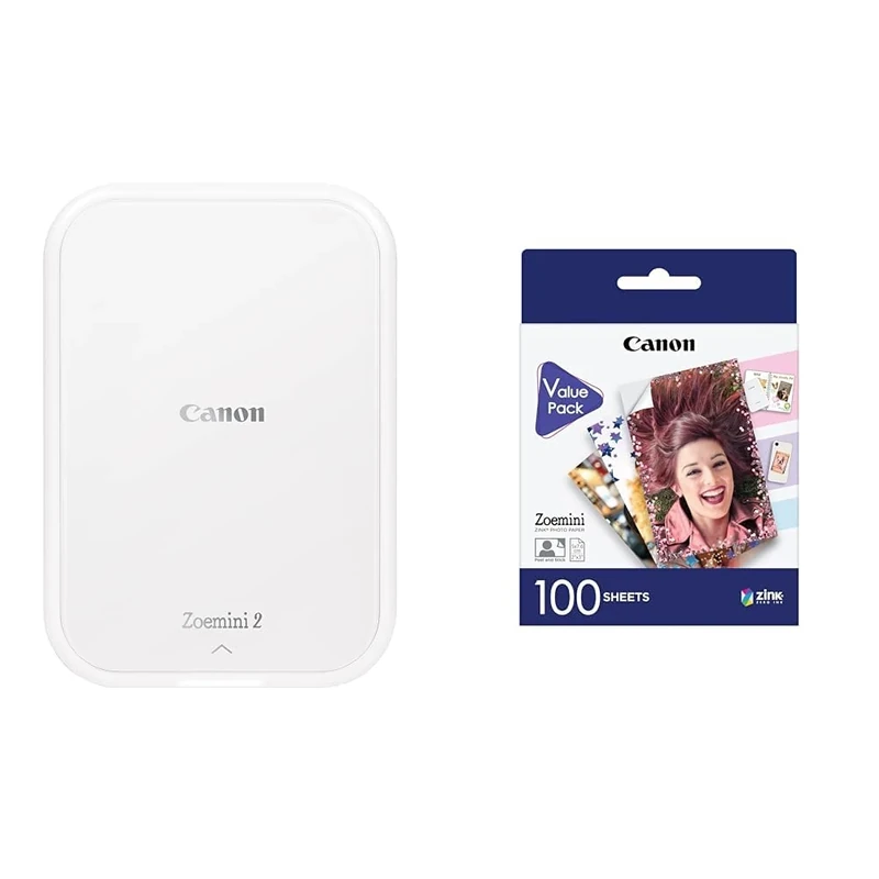Canon Zoemini 2 Portable Photo Printer (Pearl White), Bundle with 100 sticky-backed photo paper sheets (2" x 3") - Economical Zero-ink printing Technology, Wireless Bluetooth App connection for iOS & Android (smartphone)