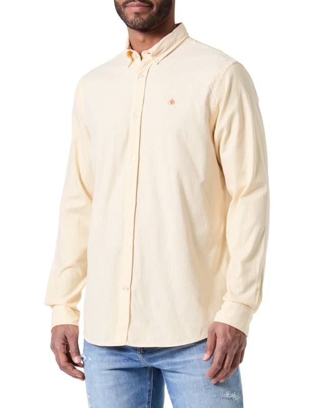 Scotch & Soda Men's Essential Oxford Shirt, Washed Neon Yellow/White Stripe 7017, XXL