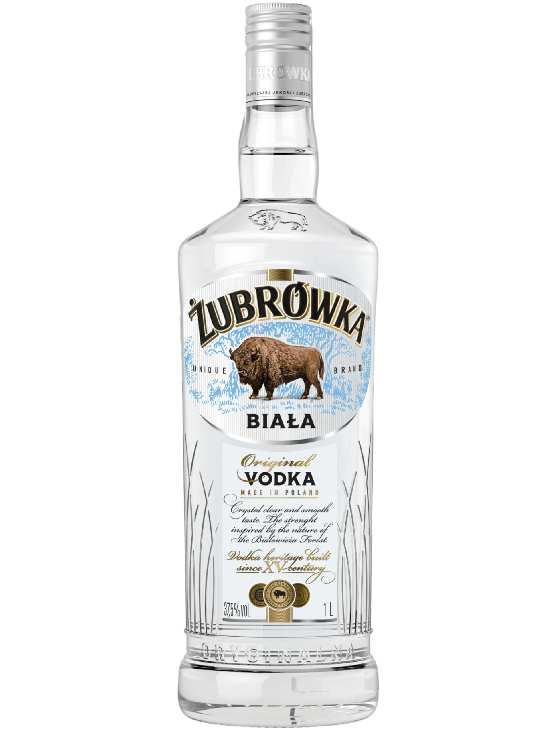 Żubrówka Biała Vodka | 37.5% ABV | 1 Litre | Made in Poland | Pure & Smooth | For Cocktails & Mixing