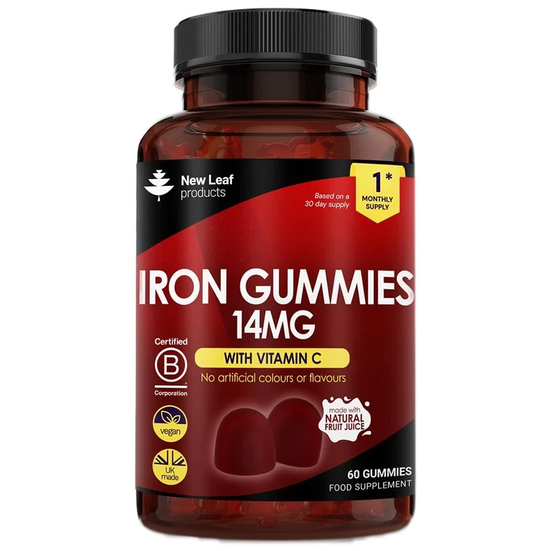 Iron Gummies with Vitamin C for Added Absorption - 60 Gummies for Women & Men - Real Fruit Juice (1 Month Supply) Iron Supplements Tasty Alternative to Tablets 14mg Per Serving