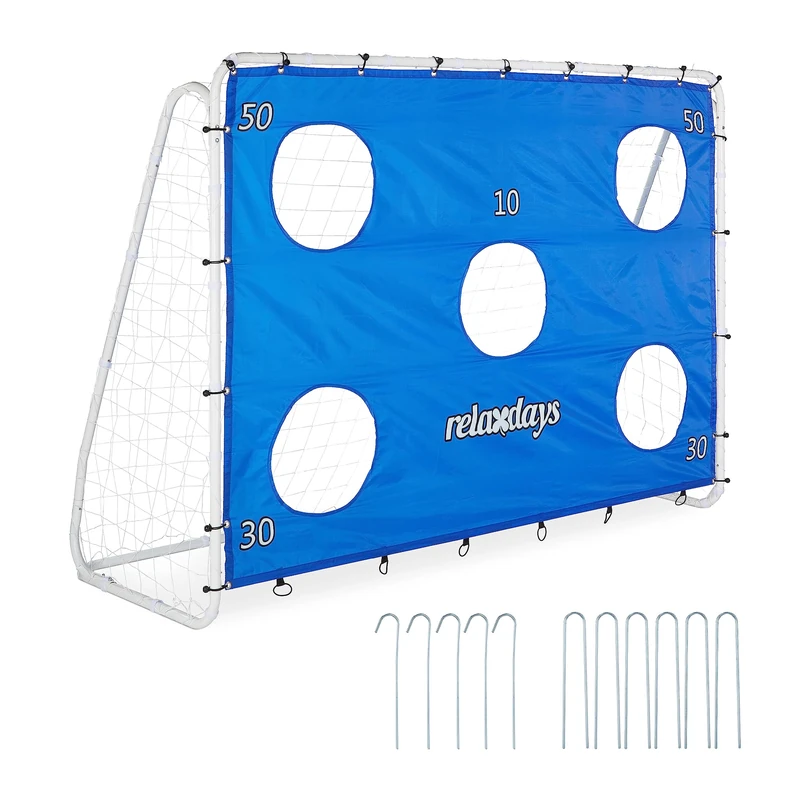 Relaxdays Football Goal, with Target Wall, Garden Play Equipment, Kids & Adults, 170 x 235 x 85 cm, Steel, Blue/Whits