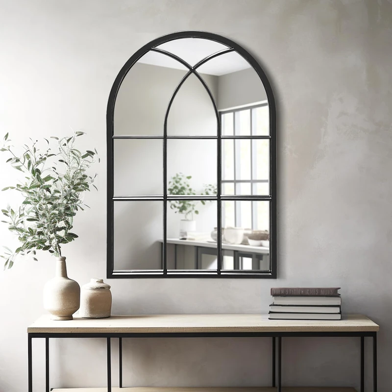 Dewfig Arched Window Wall Mirror, 30"x20", Decorative Vanity Mirror for Bathroom, Bedroom, Entryway, Living Room, Window Pane, Farmhouse Style, Metal Black Frame