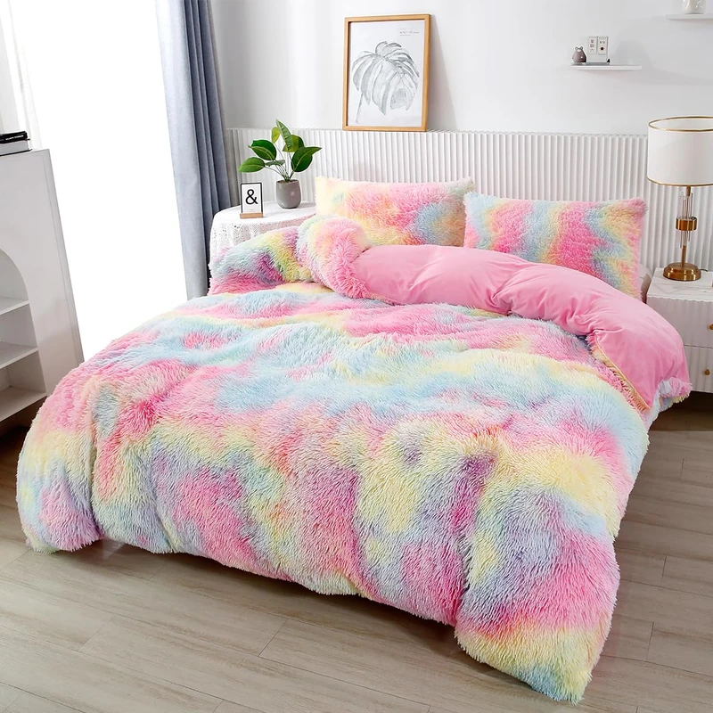 PERFEMET Pink Plush Shaggy Bedding Sets Full 3 Piece Fluffy Faux Fur Girls Comforter Set Soft Tie Dye Velvet Furry Rainbow Bedding Comforter for Teens Kids(Pink, Full)
