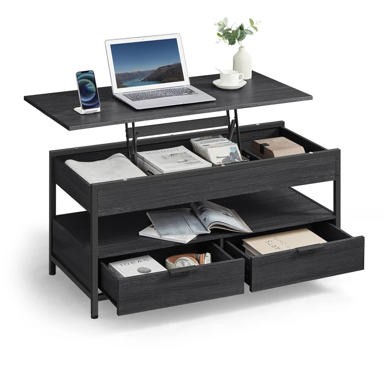 VASAGLE Lift Top Coffee Table, Living Room Table, with Storage Drawers, Hidden Compartments, and Open Shelf, Charcoal Grey and Ink Black LCT209B22