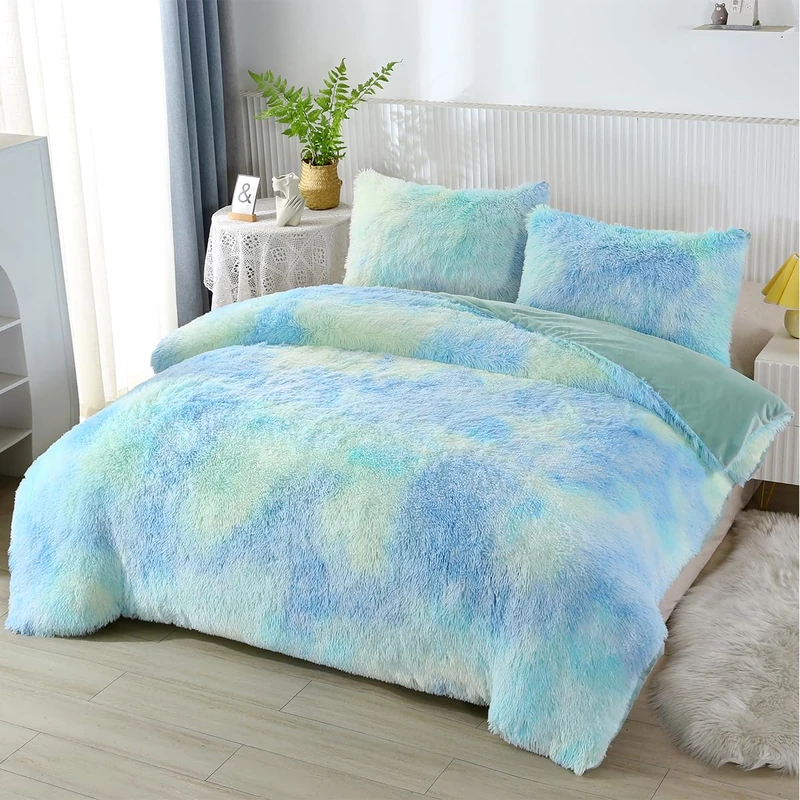 PERFEMET Green Fluffy Shaggy Comforter Queen Size 3 Pcs Tie Dye Plush Faux Fur Comforter Set Ultra Soft Warm Fuzzy Furry Colorful Rainbow Bedding for Girls Adults(Green, Queen)