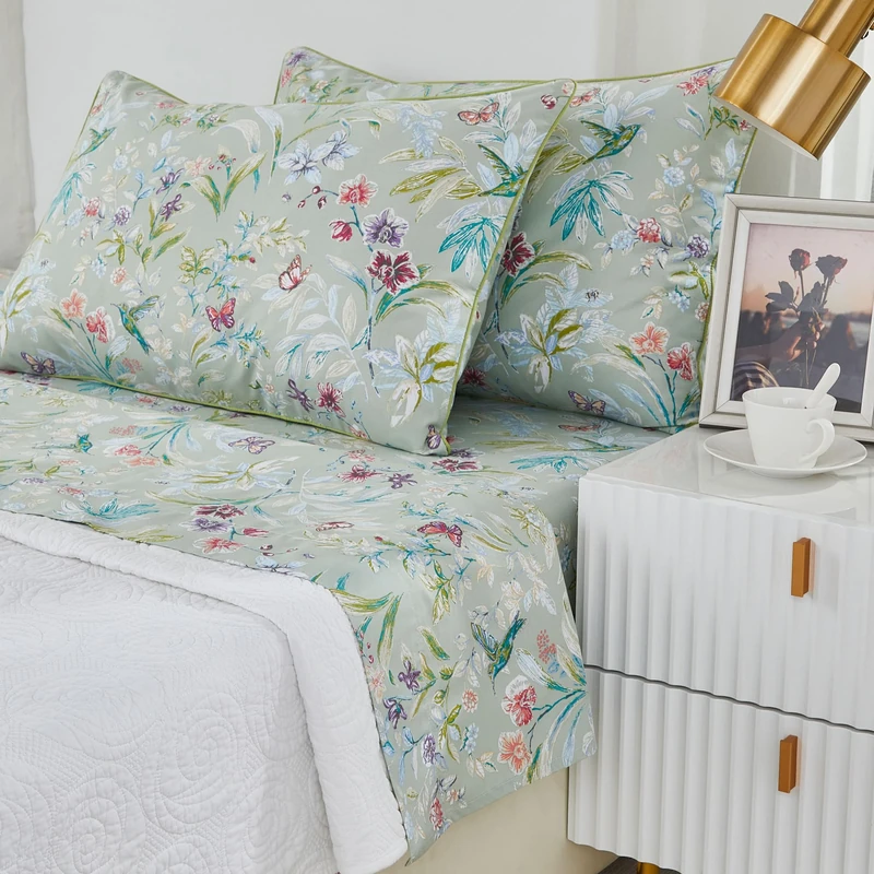 Brandream Garden Style Butterfly Floral Bedding Elegant Watercolor Painting Farmhouse Queen Size Sheets Set Luxury Bedding Collections 800 Thread Count 100% Egyptian Cotton Deep Pocket, 4 Piece Green