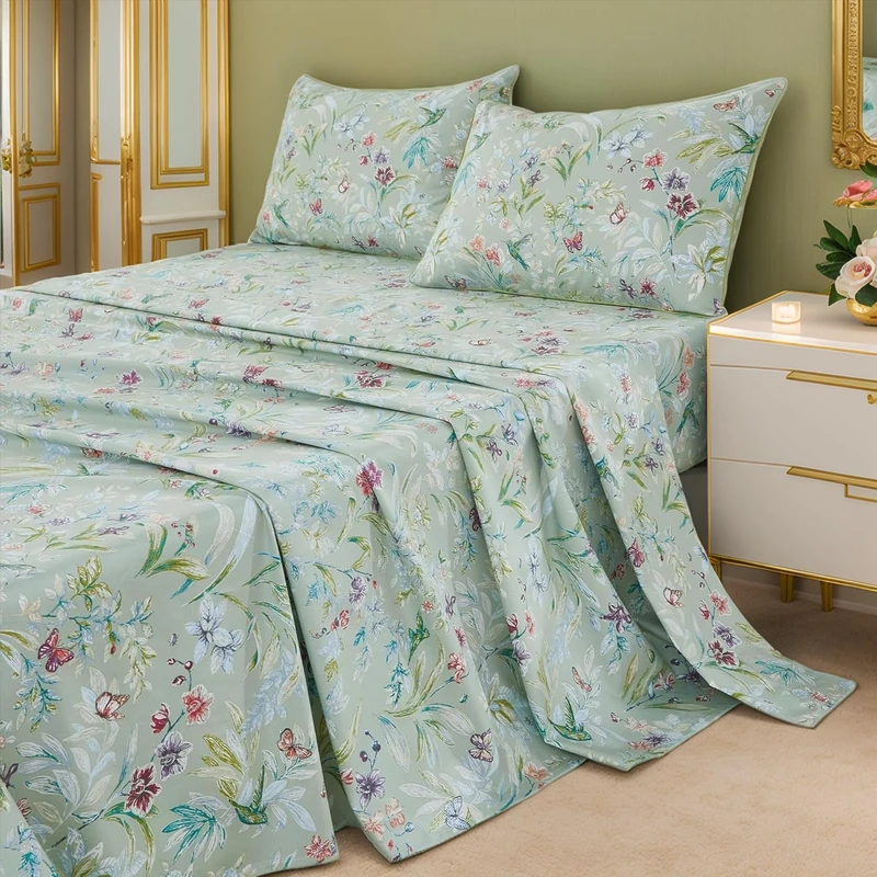 Brandream Garden Style Butterfly Floral Bedding Elegant Watercolor Painting Farmhouse King Size Bed Sheets Set Luxury Bedding Collections 800TC 100% Egyptian Cotton Deep Pocket, 4Pc Green